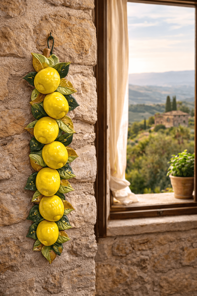 Décoration murale citron en céramique avec feuilles